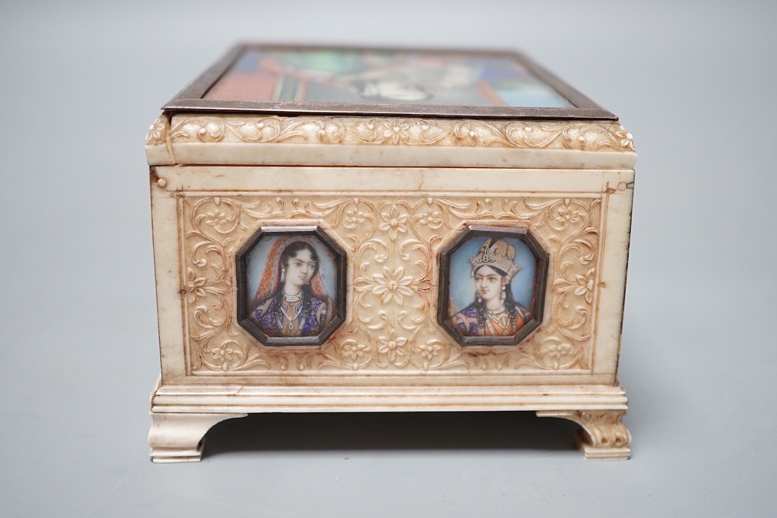 A Company School ivory box, India, 19th century 7.5cm high, 12cm long, 9.5cm wide, inset with miniatures of royalty